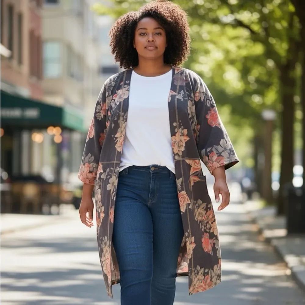 Philosophy Woman Floral Open Front Cardigan Jacket Faux Leather, pockets